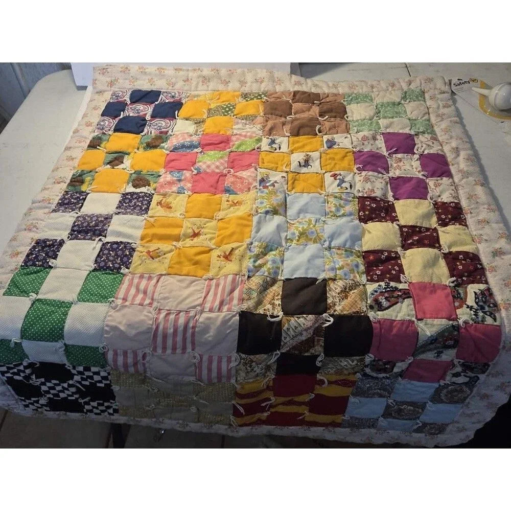 Vintage 1970’s handmade Patchwork quilt-Mod fabric squares Disney-White Backing
